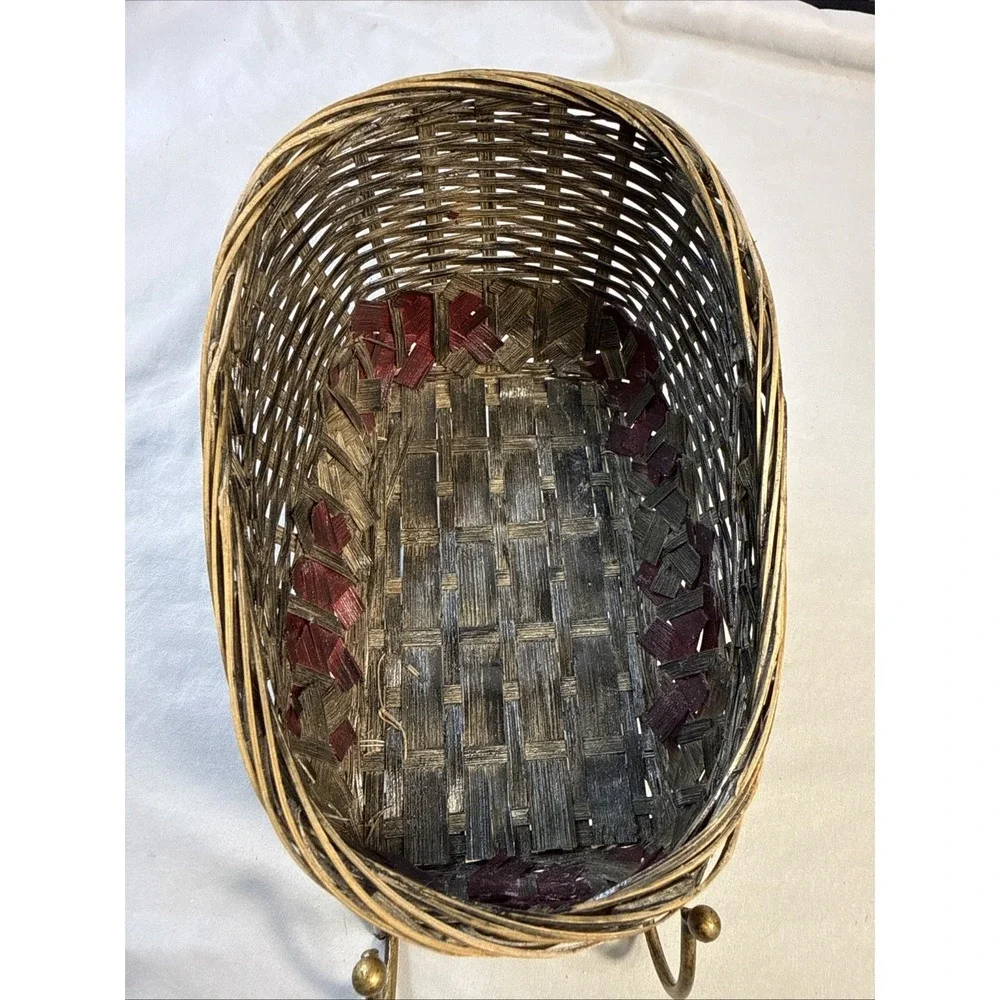 Vintage Christmas Wicker Sleigh Basket with Gold-Tone Metal Runners
